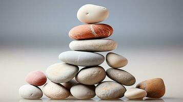 AI generated Meditation Rock Stack Poise Stones for Serenity and Mindfulness Simple Harmony Five Stones on White Background for Tranquility Stone Cairn for Peaceful Wellness Background photo