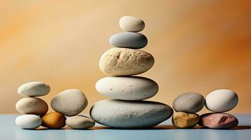 AI generated Meditation Rock Stack Poise Stones for Serenity and Mindfulness Simple Harmony Five Stones on White Background for Tranquility Stone Cairn for Peaceful Wellness Background photo