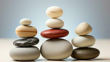 AI generated Meditation Rock Stack Poise Stones for Serenity and Mindfulness Simple Harmony Five Stones on White Background for Tranquility Stone Cairn for Peaceful Wellness Background photo