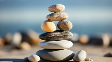 ai generado meditación rock apilar equilibrio piedras para serenidad y atención plena sencillo armonía cinco piedras en blanco antecedentes para tranquilidad Roca mojón para pacífico bienestar antecedentes foto