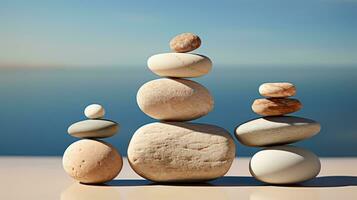 AI generated Meditation Rock Stack Poise Stones for Serenity and Mindfulness Simple Harmony Five Stones on White Background for Tranquility Stone Cairn for Peaceful Wellness Background photo