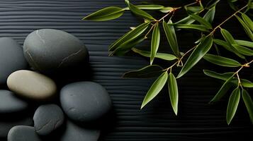 AI generated Black Stone Cairn with Bamboo and White Flower Rock Zen Aesthetic Spa Concept with Minimalist Composition Serenity in Nature Calming Atmosphere for Peaceful Wellness Background photo