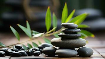 AI generated Black Stone Cairn with Bamboo and White Flower Rock Zen Aesthetic Spa Concept with Minimalist Composition Serenity in Nature Calming Atmosphere for Peaceful Wellness Background photo