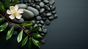 AI generated Black Stone Cairn with Bamboo and White Flower Rock Zen Aesthetic Spa Concept with Minimalist Composition Serenity in Nature Calming Atmosphere for Peaceful Wellness Background photo