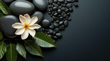 AI generated Black Stone Cairn with Bamboo and White Flower Rock Zen Aesthetic Spa Concept with Minimalist Composition Serenity in Nature Calming Atmosphere for Peaceful Wellness Background photo