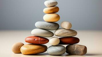 AI generated Meditation Rock Stack Poise Stones for Serenity and Mindfulness Simple Harmony Five Stones on White Background for Tranquility Stone Cairn for Peaceful Wellness Background photo