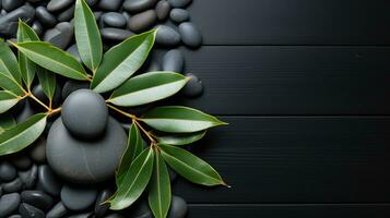 AI generated Black Stone Cairn with Bamboo and White Flower Rock Zen Aesthetic Spa Concept with Minimalist Composition Serenity in Nature Calming Atmosphere for Peaceful Wellness Background photo