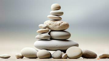 AI generated Meditation Rock Stack Poise Stones for Serenity and Mindfulness Simple Harmony Five Stones on White Background for Tranquility Stone Cairn for Peaceful Wellness Background photo