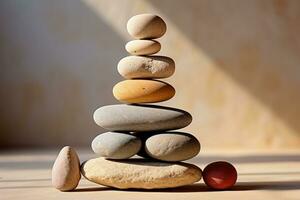 ai generado meditación rock apilar equilibrio piedras para serenidad y atención plena sencillo armonía cinco piedras en blanco antecedentes para tranquilidad Roca mojón para pacífico bienestar antecedentes foto