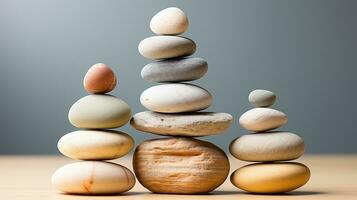 AI generated Meditation Rock Stack Poise Stones for Serenity and Mindfulness Simple Harmony Five Stones on White Background for Tranquility Stone Cairn for Peaceful Wellness Background photo