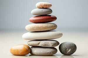 AI generated Meditation Rock Stack Poise Stones for Serenity and Mindfulness Simple Harmony Five Stones on White Background for Tranquility Stone Cairn for Peaceful Wellness Background photo