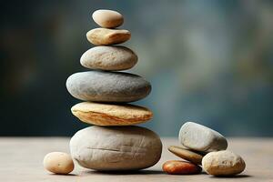 AI generated Meditation Rock Stack Poise Stones for Serenity and Mindfulness Simple Harmony Five Stones on White Background for Tranquility Stone Cairn for Peaceful Wellness Background photo