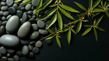 AI generated Black Stone Cairn with Bamboo and White Flower Rock Zen Aesthetic Spa Concept with Minimalist Composition Serenity in Nature Calming Atmosphere for Peaceful Wellness Background photo