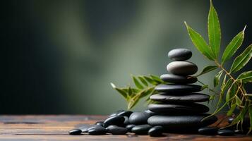 AI generated Black Stone Cairn with Bamboo and White Flower Rock Zen Aesthetic Spa Concept with Minimalist Composition Serenity in Nature Calming Atmosphere for Peaceful Wellness Background photo