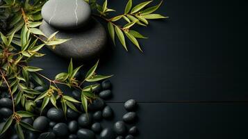 AI generated Black Stone Cairn with Bamboo and White Flower Rock Zen Aesthetic Spa Concept with Minimalist Composition Serenity in Nature Calming Atmosphere for Peaceful Wellness Background photo