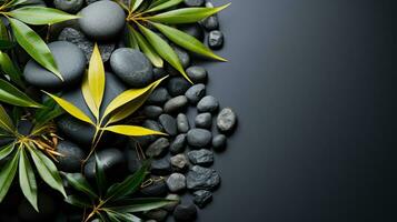 AI generated Black Stone Cairn with Bamboo and White Flower Rock Zen Aesthetic Spa Concept with Minimalist Composition Serenity in Nature Calming Atmosphere for Peaceful Wellness Background photo