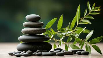 AI generated Black Stone Cairn with Bamboo and White Flower Rock Zen Aesthetic Spa Concept with Minimalist Composition Serenity in Nature Calming Atmosphere for Peaceful Wellness Background photo