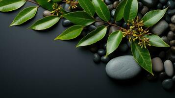 AI generated Black Stone Cairn with Bamboo and White Flower Rock Zen Aesthetic Spa Concept with Minimalist Composition Serenity in Nature Calming Atmosphere for Peaceful Wellness Background photo