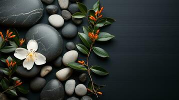 AI generated Black Stone Cairn with Bamboo and White Flower Rock Zen Aesthetic Spa Concept with Minimalist Composition Serenity in Nature Calming Atmosphere for Peaceful Wellness Background photo