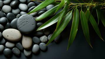 AI generated Black Stone Cairn with Bamboo and White Flower Rock Zen Aesthetic Spa Concept with Minimalist Composition Serenity in Nature Calming Atmosphere for Peaceful Wellness Background photo