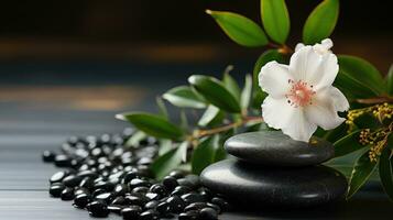 AI generated Black Stone Cairn with Bamboo and White Flower Rock Zen Aesthetic Spa Concept with Minimalist Composition Serenity in Nature Calming Atmosphere for Peaceful Wellness Background photo