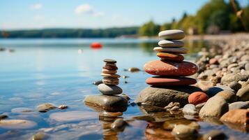 ai generado Roca mojón conjunto en el Derecha lado en contra un mar difuminar fondo, un torre de piedras, sencillo equilibrio piedras sencillez, armonía, y balance, un sereno rock zen escena, costero meditación foto