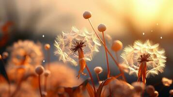 ai generado de cerca de un diente de león en lleno floración con suave melocotón pelusa alrededores, delicado, y vibrante naturaleza, capturar el esencia de verano, generado por ai foto