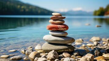 ai generado Roca mojón conjunto en el Derecha lado en contra un mar difuminar fondo, un torre de piedras, sencillo equilibrio piedras sencillez, armonía, y balance, un sereno rock zen escena, costero meditación foto