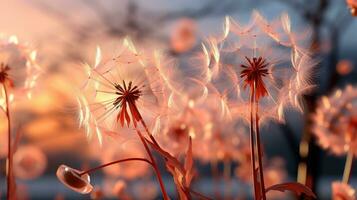 ai generado de cerca de un diente de león en lleno floración con suave melocotón pelusa alrededores, delicado, y vibrante naturaleza, capturar el esencia de verano, generado por ai foto