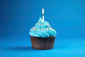 ai generado delicioso azul cumpleaños pastel con velas foto