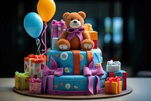ai generado vistoso cumpleaños pastel con caramelo y juguete regalos foto