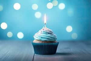 AI generated Illuminated Birthday Cake with Blue Candles photo