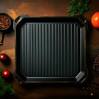 AI generated Empty cast iron grill pan isolated on white background. Top view - AI generated image photo