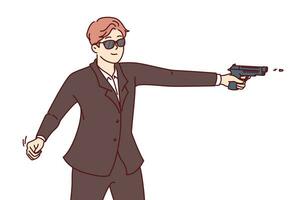 Man secret agent shoots gun, dressed in formal suit and sunglasses for covert operations. Secret agent guy works for special services or CIA, performing especially dangerous tasks national importance vector