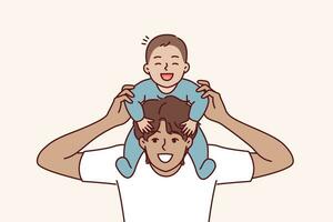 Man put baby on neck and laughed, rejoicing at presence of younger brother or beloved son vector