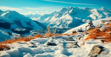 ai generado Nevado alpino montañas, hermosa invierno paisaje, panorama - ai generado imagen foto