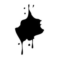 Ink blot. Abstract stain with drops and splashes. Black paint splatter. Vector illustration isolated on a white background. Liquid dirty inkblot. Grunge texture. Design element.