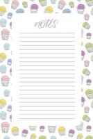 Blank lined note paper with a colorful cupcake border. Continuous one line drawing style. Vector illustration. Perfect for journaling, scrapbooking, note taking, planners or recipe books