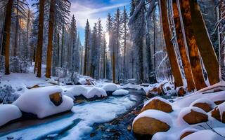 ai generado encantador serenidad, un congelado Arroyo serpenteante mediante un cargado de nieve bosque a oscuridad foto