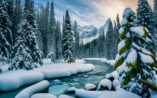 ai generado encantador serenidad, un congelado Arroyo serpenteante mediante un cargado de nieve bosque a oscuridad foto