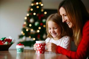 AI generated Mother and daughter spend a cozy day together in the living room decorated with Christmas decor. Family drinking a hot drink and having fun photo