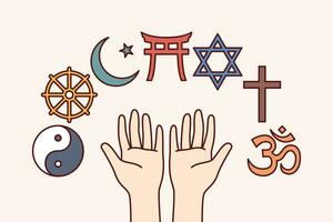 Symbols of religions and confessions near hands of person choosing best religion for worship or studying clergy. Islamic and christian religion icon near buddhism and judaism sign. vector