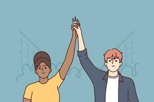 Protesting activists hold hands in solidarity, stand on street among crowd during revolution or uprising. Protesting multiracial man and woman participate in demonstration against discrimination vector