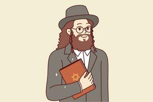 Jewish man with long hair and beard holds torah book with star of david on cover. Human jewish in national clothes of religious jews smiles and calls to accept judaism or visit city of jerusalem vector