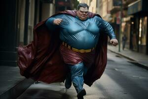 AI generated Fat male superhero wearing costume at city street photo