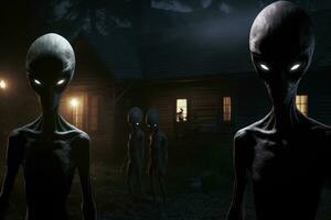 AI generated alien and alien house. 3 d illustration, Aliens in the dark, AI Generated photo