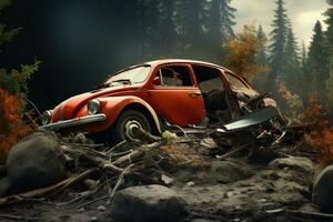 AI generated old broken car in the forest. 3 d render, After an automobile accident, AI Generated photo