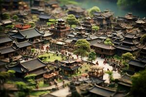 AI generated beautiful architecture in the city of china, After returning from a 6-week visit to China, I figured I would try this out,, tilt-shift photo of an ancient Chinese village, AI Generated