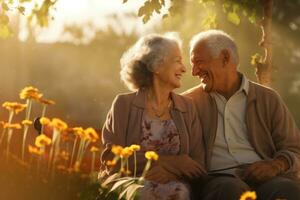 ai generado contento mayor Pareja en parque, un mayor Hispano Pareja disfrutando al aire libre, su amor palpable, ai generado foto