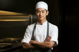 AI generated young man in uniform and cap in kitchen. high quality photo, an attractive young head chef asianman of a prestigious restaurant, AI Generated photo